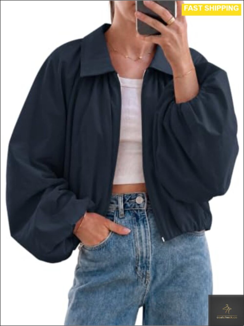 Womens Oversized Bomber Jacket Cropped Zip Up Balloon Sleeve Casual Fall